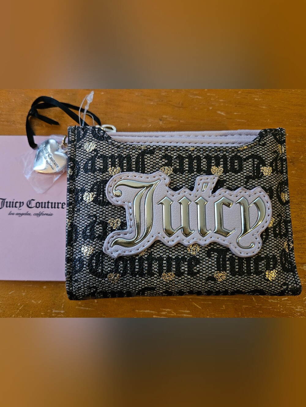 NWT Juicy Couture Black and Light Pink Logo Card Wallet with Gold Accents